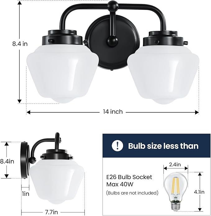 Bathroom Vanity Light Fixtures: 2-Light Black Bathroom Lighting Fixtures Over Mirror with Milky White Frosted Glass Shade, Farmhouse Modern Wall Light for Bath
