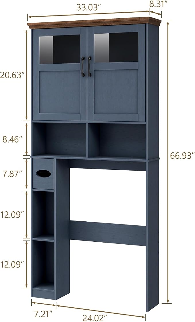 Vabches Over The Toilet Storage Cabinet with Doors & Paper Holder, Blue | Vabches Freestanding Toilet Shelf Space Saver with Anti-Tip Design & Adjustable Shelf or Restroom, Bathroom, Laundry