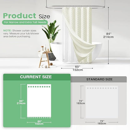Dynamene Stall Shower Curtain and Liner Set - 60 x 84 inch Long Boho Shower Curtain and Waterproof Clear Liner, Tufted Chevron Striped Tassel Shower Curtains for Bathroom, 10 Hooks, 60x84, Cream