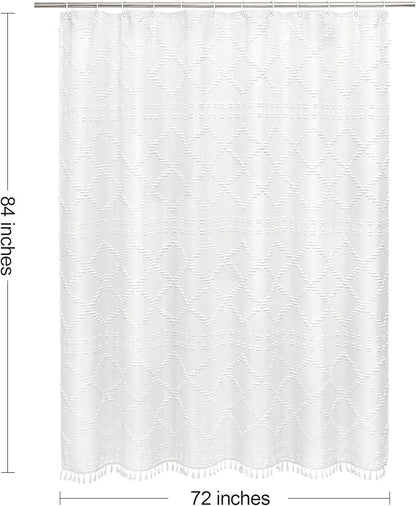 Extra Long White Boho Woven Fabric Shower Curtain with Tassel 72 x 84, Bohemia Tufted Chevron Striped Chic Textured, Waterproof Cloth Curtain for Bathroom, Modern Farmhouse Minimalist