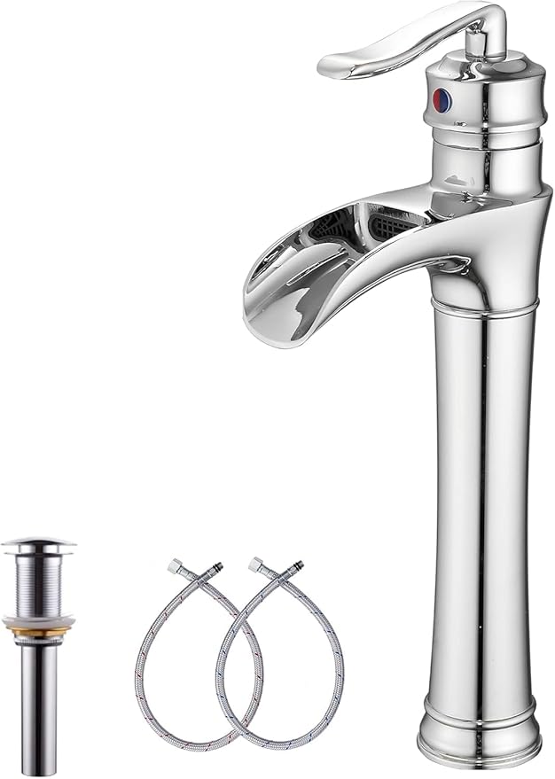 Chrome Bathroom Faucet GGStudy Waterfall Bathroom Faucet Single Handle One Hole Tall Body Farmhouse Bathroom Vessel Sink Faucet Vanity Faucet Matching with Pop Up Drain