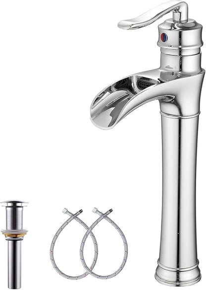 Chrome Bathroom Faucet GGStudy Waterfall Bathroom Faucet Single Handle One Hole Tall Body Farmhouse Bathroom Vessel Sink Faucet Vanity Faucet Matching with Pop Up Drain