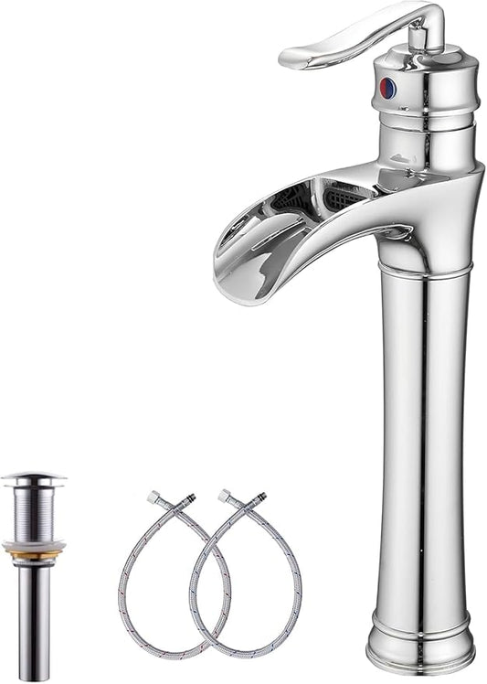 Chrome Bathroom Faucet GGStudy Waterfall Bathroom Faucet Single Handle One Hole Tall Body Farmhouse Bathroom Vessel Sink Faucet Vanity Faucet Matching with Pop Up Drain