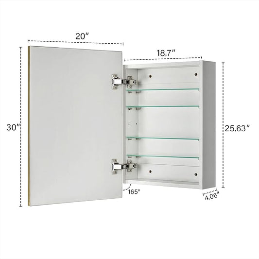 TEHOME 20'' x 30'' Brushed Gold Recessed and Surface Mount Bathroom Medicine Cabinet with Mirror Brushed Gold Square Cornered Metal Framed Rounded Rectangle Medicine Cabinet Mirror