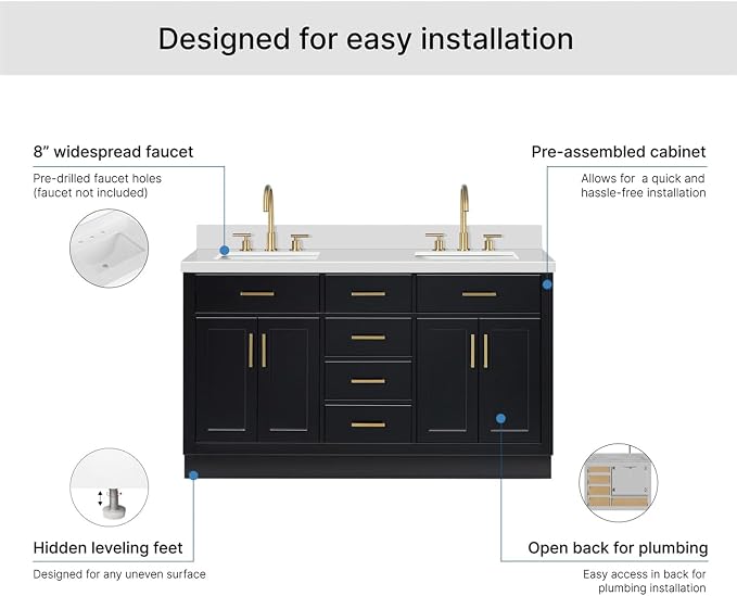 ARIEL Hepburn 60-inch Bathroom Vanity with Sink,Solid Wood, 1.5-inch Pure White Quartz Countertop & Backsplash, Double Rectangular Porcelain Sink, 4 Soft Closing Doors, 6 Dovetail Drawers, Black