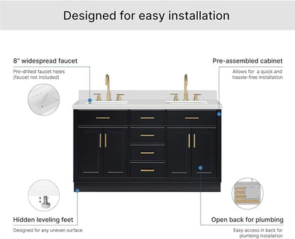 ARIEL Hepburn 60-inch Bathroom Vanity with Sink,Solid Wood, 1.5-inch Pure White Quartz Countertop & Backsplash, Double Rectangular Porcelain Sink, 4 Soft Closing Doors, 6 Dovetail Drawers, Black