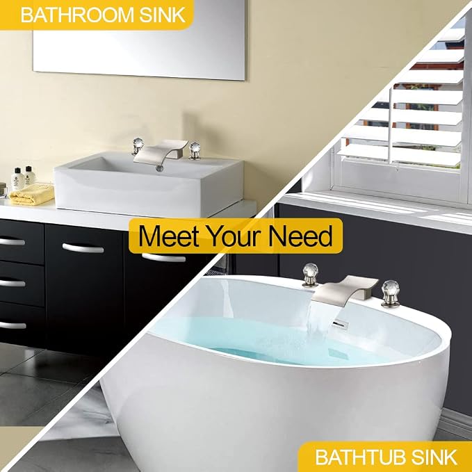 Widespread Bathroom Sink Faucet with Crystal Knob 3 Hole Waterfall Vanity Faucet 8 Inch Crystal Bathroom Faucets Deck Mount Basin Mixer Tap with Hose, Brushed Nickel