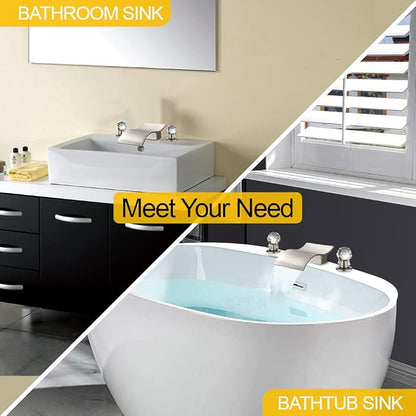 Widespread Bathroom Sink Faucet with Crystal Knob 3 Hole Waterfall Vanity Faucet 8 Inch Crystal Bathroom Faucets Deck Mount Basin Mixer Tap with Hose, Brushed Nickel
