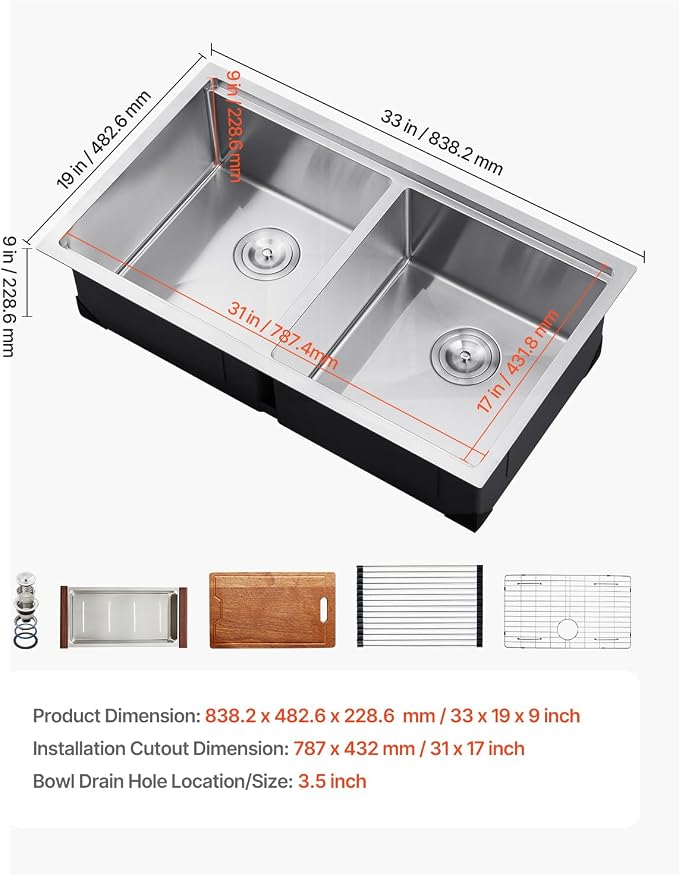 VEVOR 33 inch Kitchen Double Sink, 304 Stainless Steel Undermount Sink Drop-In Single Bowl Farmhouse Basin with Ledge & Multiple Accessories, Household Dishwasher Sinks for Prep Kitchen, Bar 33"*19"
