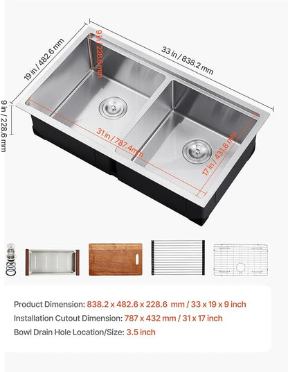 VEVOR 33 inch Kitchen Double Sink, 304 Stainless Steel Undermount Sink Drop-In Single Bowl Farmhouse Basin with Ledge & Multiple Accessories, Household Dishwasher Sinks for Prep Kitchen, Bar 33"*19"