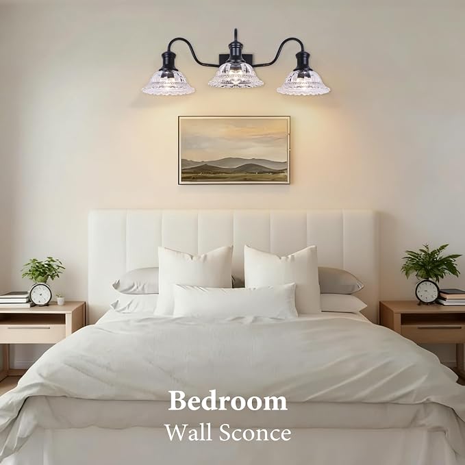 Vintage Bathroom Light Fixtures, 3-Light Matte Black Vanity Light with Flower Glass Shade, Bathroom Lighting Fixtures Over Mirror for Bedroom, Dressing Table