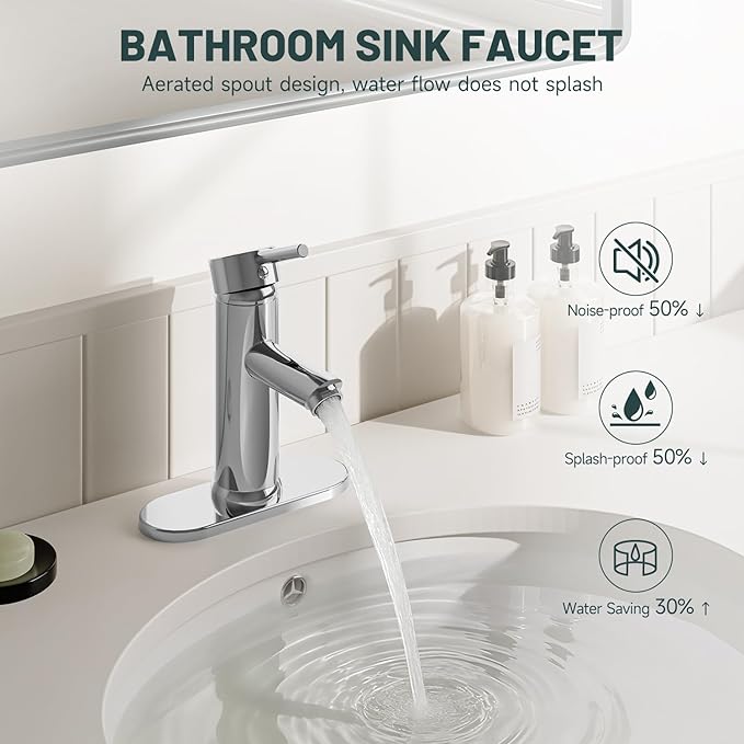 Chrome Bathroom Faucet 1 Hole, Greenspring Single Lever Bathroom Sink Faucets Modern Deck Mount One Hole Lavatory Vanity Faucet with Deck Plate and Supply Line, Brass