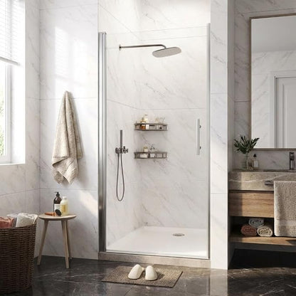 Pivot Shower Door, 33.6-34.6" W x 72" H Frameless Single Swing Glass Shower Door with Explosion-Proof Film Coating, 1/4" (6mm) Thick Tempered Clear Glass, Brushed Nickel (Single Pivot Door)