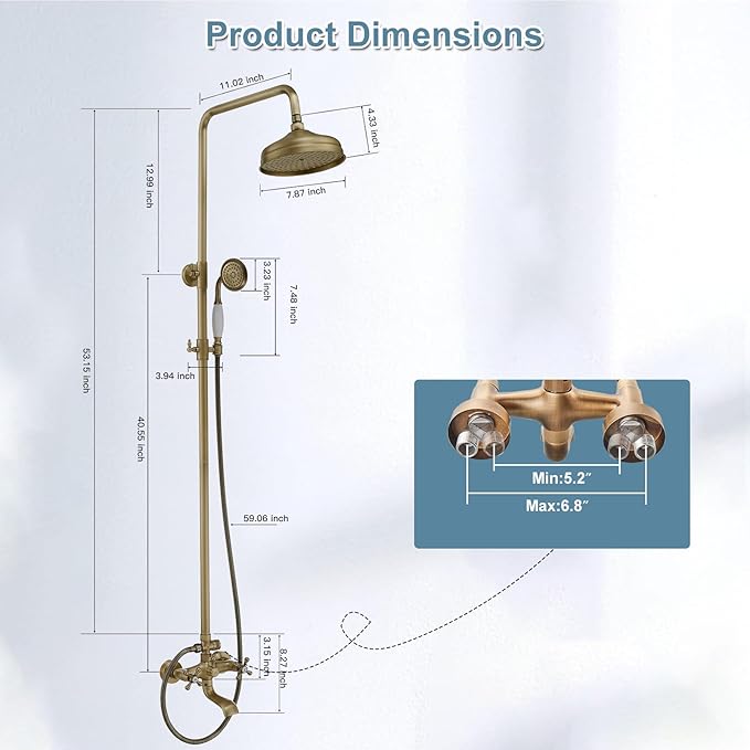 BWE Exposed Bathroom Shower Faucet Set Antique Brass Bathroom Shower Faucet Triple Functions 8 Inch Rainfall Shower Head Handheld Spray with Tub Spout Exposed Shower System Double Handle