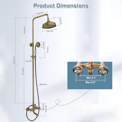 BWE Exposed Bathroom Shower Faucet Set Antique Brass Bathroom Shower Faucet Triple Functions 8 Inch Rainfall Shower Head Handheld Spray with Tub Spout Exposed Shower System Double Handle