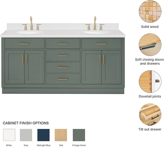 ARIEL Hepburn 72-inch Bathroom Vanity with Sink,Solid Wood, 1.5-inch Carrara White Quartz Countertop, Double Oval Porcelain Sink, 4 Soft Closing Doors, 6 Dovetail Drawers, Vintage Green