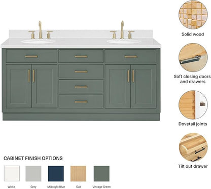 ARIEL Hepburn 72-inch Bathroom Vanity with Sink,Solid Wood, 1.5-inch Carrara White Quartz Countertop, Double Oval Porcelain Sink, 4 Soft Closing Doors, 6 Dovetail Drawers, Vintage Green