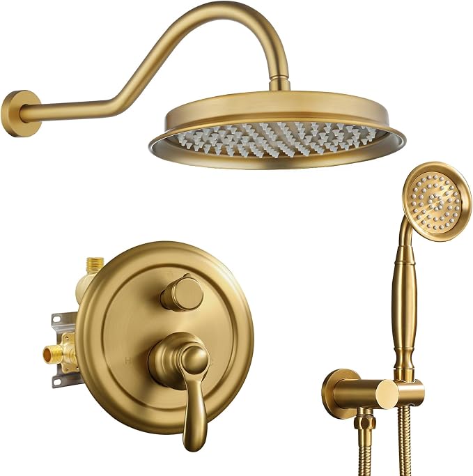 Antique Rain Shower Faucet Set with Handheld Sprayer | Brushed Titanium Gold, Multi-layer Plating, Vintage Rainfall, 2-Function Diverter Brass Valve, Wall Mount Easy Install