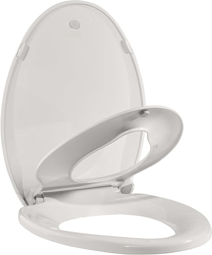 Elongated Toilet Seat for Adult and Child, 19" Biscuit Built-In Potty Training, Soft Quiet Close Non-Slip Design with Magnetic Children's Seat and Cover for Elongated Oval Toilets, Easy Install