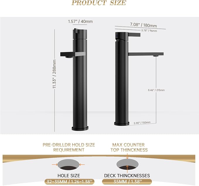 Matte Black one Hole Tall Bathroom Vessel Sink Faucet, Single Hole Single Handle Vanity Bathroom Faucet, with Pop Up Drain and Water Supply Line, FH02-MB-V