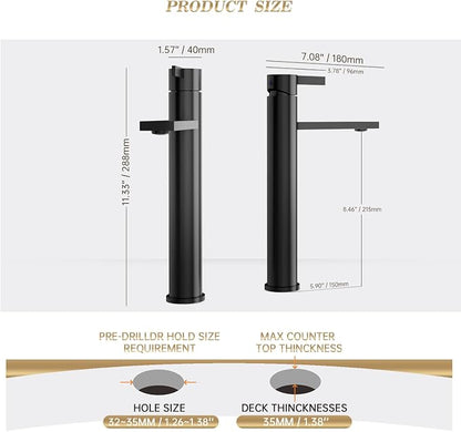 Matte Black one Hole Tall Bathroom Vessel Sink Faucet, Single Hole Single Handle Vanity Bathroom Faucet, with Pop Up Drain and Water Supply Line, FH02-MB-V
