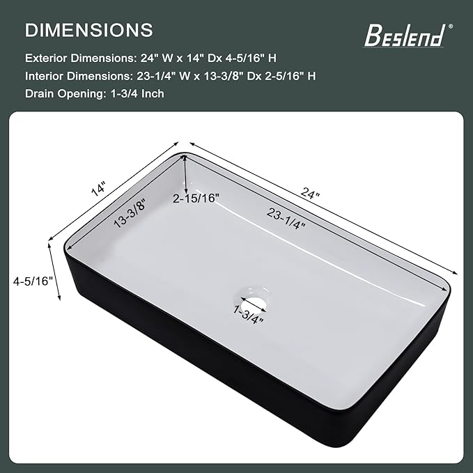 Bathroom Vessel Sink - Beslend 24x14 Inch Rectangular Modern Above Counter Ceramic Porcelain Vessel Sink White and Black Art Basin