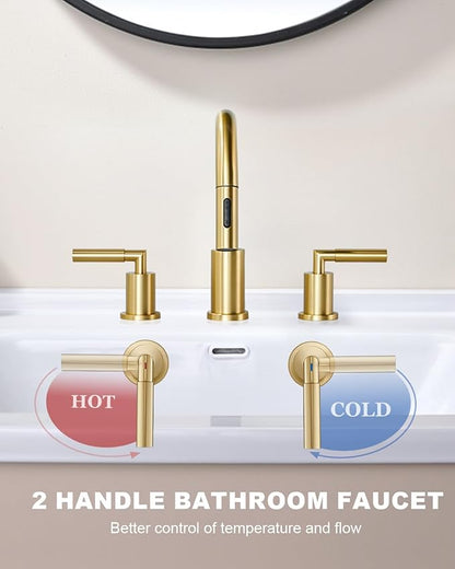 Tohlar Gold Bathroom Faucet with Sprayer, Widespread Bathroom Faucets Gold 8 Inch Basin Sink Tap 3 Holes, 2 Handle Vanity Faucet with Pull Out Sprayer Pop Up Drain Assembly Included