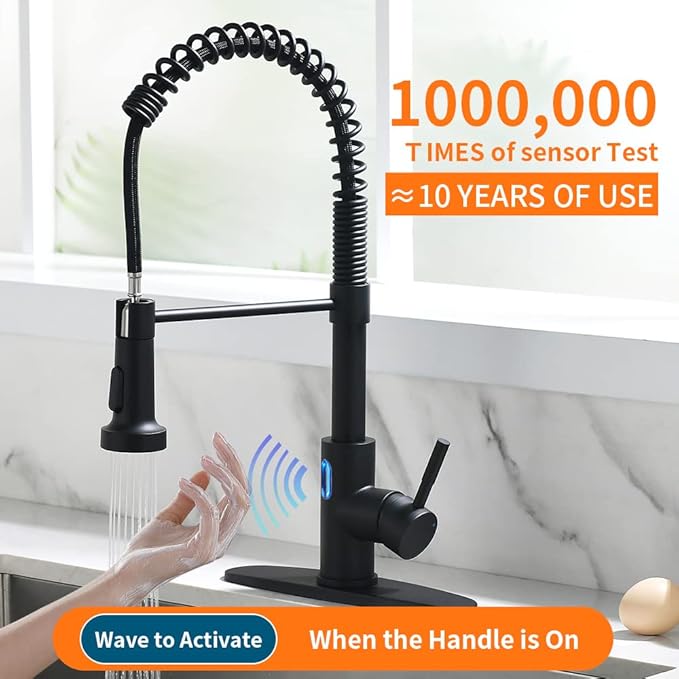 OWOFAN Touchless LED Light Kitchen Sink Faucet Pull Down Sprayer Smart Motion Sensor Activated Hands Free Single Handle Kitchen Faucet Black