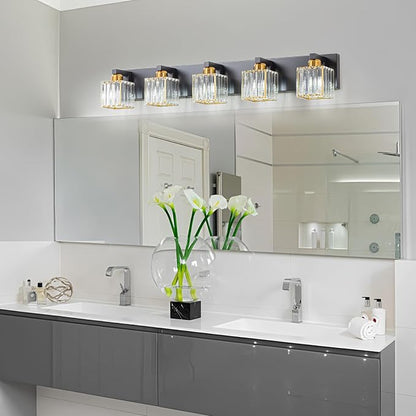 Crystal Black Gold Bathroom Vanity Light, 5-Lights Bathroom Lighting Fixtures Over Mirror Modern Glam Crystal Wall Lighting with Square Shade