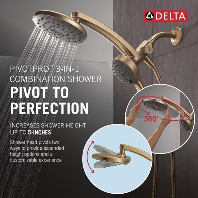 Delta 6-Setting PivotPro 3-in-1 Combination Shower Head with ProClean Spray, Brushed Gold Round Shower Head Rainfall with Handheld Spray, 1.75 GPM, Champagne Bronze 75648CZ