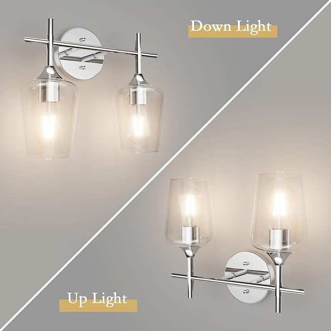 Ralbay Chrome Bathroom Light Fixtures 2-Lights with Clear Glass Modern Wall Mount Lighting Industrial Farmhouse Bathroom Vanity Lights Wall Sconce Chrome