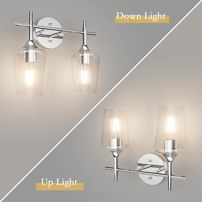 Ralbay Chrome Bathroom Light Fixtures 2-Lights with Clear Glass Modern Wall Mount Lighting Industrial Farmhouse Bathroom Vanity Lights Wall Sconce Chrome