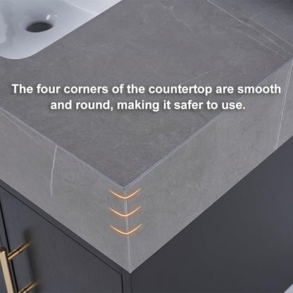 Bathroom Vanity with Sink 39.5" Floating Bathroom Vanity Sintered Stone Modern Bathroom Vanity Set, Black (Wall Mounted, Gold Handle)