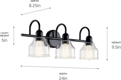 Kichler Avery 24" 3-Light Bathroom Vanity Light in Black with Clear Seeded Glass for Bathroom and Powder Room Vanity, Industrial Styling, (24" W x 9.5" H x 8.25" Ext.), 45973BK