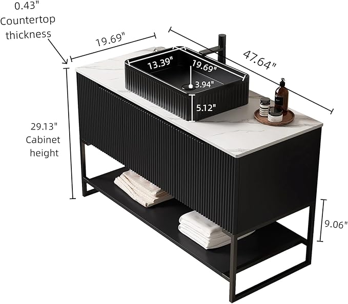 Ambrovina 48" Bathroom Vanity with Single Sink, Freestanding Bathroom Storage Cabinet with 3 Doors and Open Shelf, White Rectangular Ceramic Basin and Carrara White Sintered Stone Countertop, Black