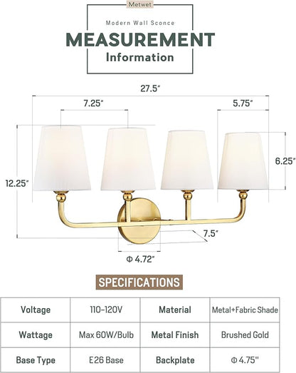 Bathroom Light Fixtures, 4 Light Brushed Gold Vanity Lights with Flared White Fabric Shade, 28 Inch Wall Sconce, Modern Sconces Wall Lighting for Hallway Bedroom, VL837-BG-4