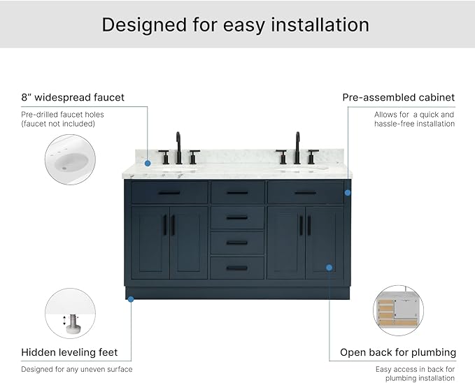 ARIEL Hepburn 60-inch Bathroom Vanity with Sink,Solid Wood, 1.5-inch Italian Carrara Marble Countertop, Double Oval Porcelain Sink, 4 Soft Closing Doors, 6 Dovetail Drawers, Midnight Blue