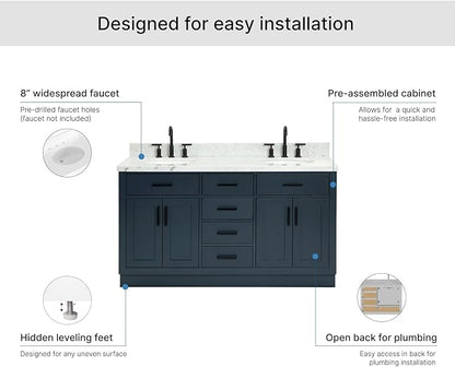 ARIEL Hepburn 60-inch Bathroom Vanity with Sink,Solid Wood, 1.5-inch Italian Carrara Marble Countertop, Double Oval Porcelain Sink, 4 Soft Closing Doors, 6 Dovetail Drawers, Midnight Blue