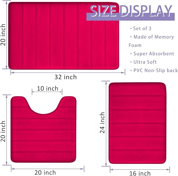 Christmas Bathroom Rugs Red Bath Mats for Bathroom Comfort Memory Foam Bath Rug Set 3 Piece Non-Slip Bath Mat Set,Absorbent Shaggy Toilet Rugs Perfect Plush Rug,Bathrom Carpets for,Tub,Shower