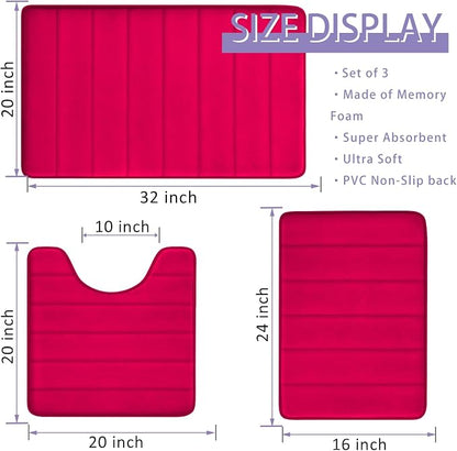 Christmas Bathroom Rugs Red Bath Mats for Bathroom Comfort Memory Foam Bath Rug Set 3 Piece Non-Slip Bath Mat Set,Absorbent Shaggy Toilet Rugs Perfect Plush Rug,Bathrom Carpets for,Tub,Shower