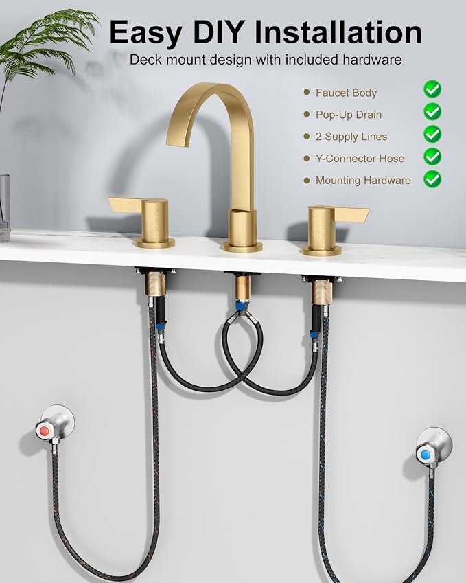 Gold 3 Hole Bathroom Faucet,8" Widespread Vanity Faucet | 2 Handle Waterfall Bathroom Sink Faucet with Pop-Up Drain,Supply Lines,360° Swivel Spout,Lead-Free Stainless Steel,Deck Mount