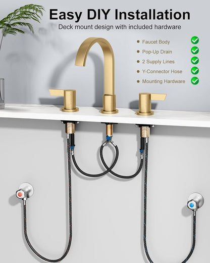 Gold 3 Hole Bathroom Faucet,8" Widespread Vanity Faucet | 2 Handle Waterfall Bathroom Sink Faucet with Pop-Up Drain,Supply Lines,360° Swivel Spout,Lead-Free Stainless Steel,Deck Mount