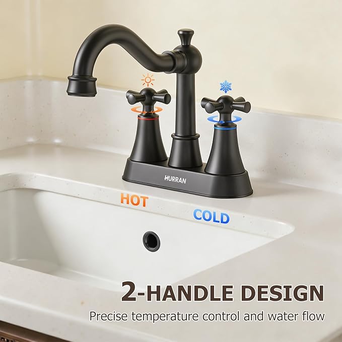 Hurran 4-inch Centerset Matte Black Classical Bathroom Faucet, 2 Handles for 2 or 3 Hole Sink with 360° Swivel Spout, Pop Up Drain Assembly and Supply Hose for Vanity Sink Lavatory Faucet