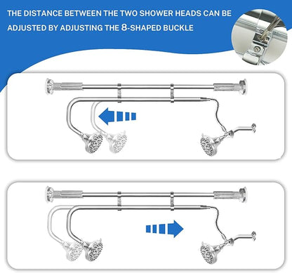 OURBAOFU Tandem Shower Heads, Double Shower Head for Couples, Dual Shower Head System for Two People, High Pressure and Adjustable Double Shower Heads (Silver) | Double Shower Head High Water Pressure,Adjustable 360° Rotation,48–78 In for bathrooms,Sta...