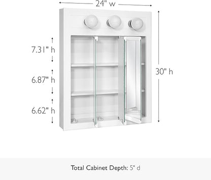 Design House Concord Medicine Cabinet, 3 Mirrored Doors, Pre-Assembled, 2 Fixed Shelves, Wall Mount, 3 Vanity Lights, White Frame Wall Cabinet, 24 in W x 5 in D x 30 in H, 532374-WHT