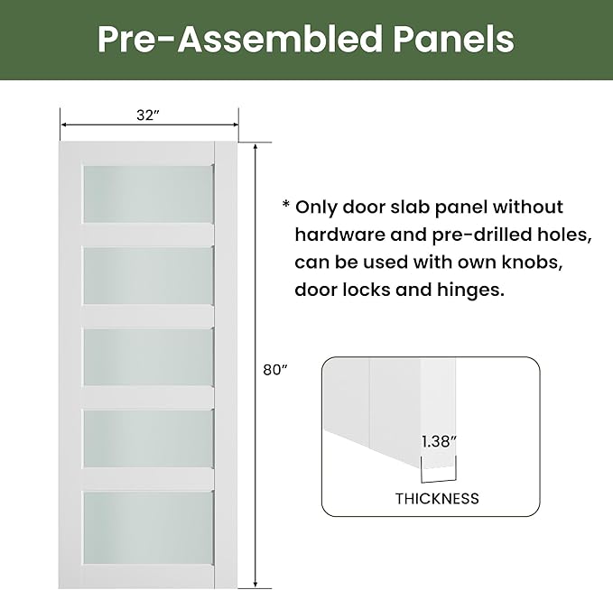 SMARTSTANDARD 32" x 80" Frosted Glass Pantry Door, Solid Core Slab Door | Pre-Assembled 5-Panel without Hardware, French Interior Door for Pantry Pocket, White Primed