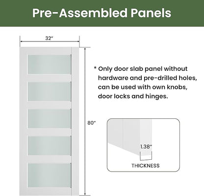 SMARTSTANDARD 32" x 80" Frosted Glass Pantry Door, Solid Core Slab Door | Pre-Assembled 5-Panel without Hardware, French Interior Door for Pantry Pocket, White Primed