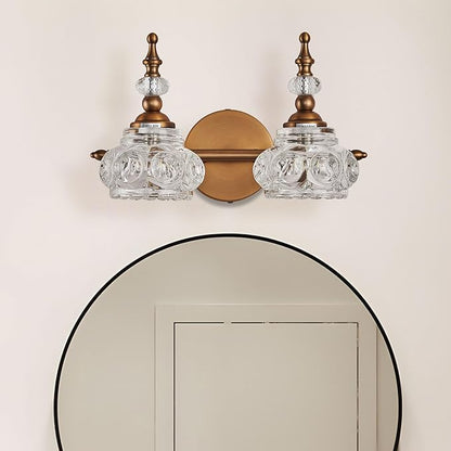 Bathroom Vanity Light Fixtures, 2-Light Vintage Crystal Bathroom Lighting, Matte Brushed Antique Brass Finish, Vintage Wall Sconce Light with Crystal Glass Shade