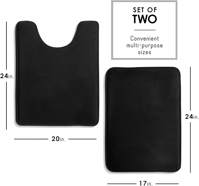 Clara Clark 2 Piece Bathroom Rugs, Velvet Memory Foam Bath Mat Set, Non-Slip Bath Rugs, Machine Wash, Dries Quickly, Ultra Soft Plush Bath Mats for Bathroom, 17 x 24 + Contour, Black