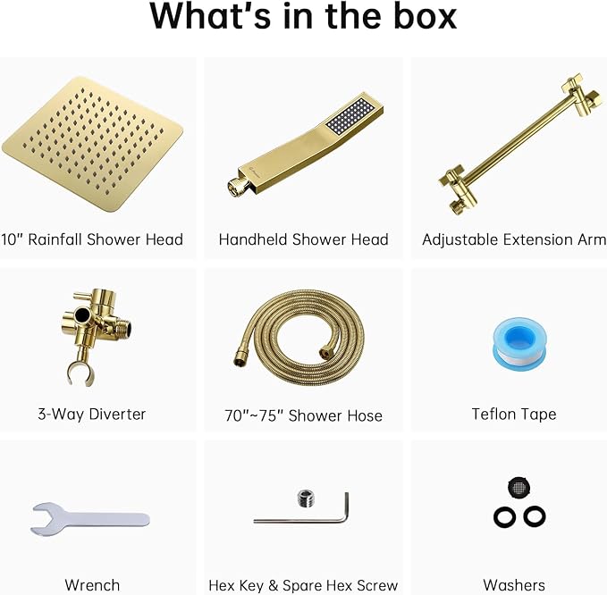G-Promise All Metal 10" Dual Square Shower Head Combo | Rain Shower Head | Handheld Shower Wand | Adjustable | 3-Way Diverter | 71" Extra Long Hose - A Bathroom Upgrade (Polished Brass) | Built to Last, Easy Install, Adjustable Height & Angle for All H...